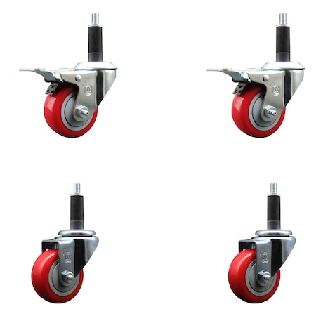 Service Caster 3'' Red Poly Swivel 1'' Expanding Stem Caster Set 2 Total Lock Brakes, 4PK SCC-EXTTL20S314-PPUB-RED-2-S-2-1